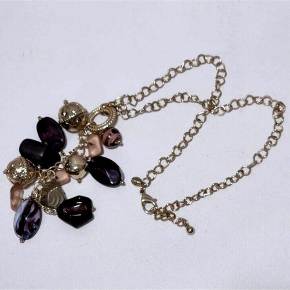 Chico's Gold Tone Purple Plum Resin Bead Cluster Statement Necklace Adjustable‎
